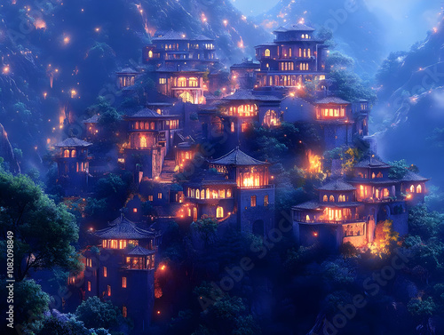 Illustration Mystical Mountain Village Night Fantasy Landscape