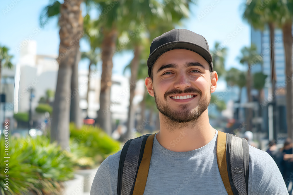 Close up portrait of a happy young man with cap traveling with backpack in the city. Close up portrait of a happy young man with cap traveling with backpack in the city.