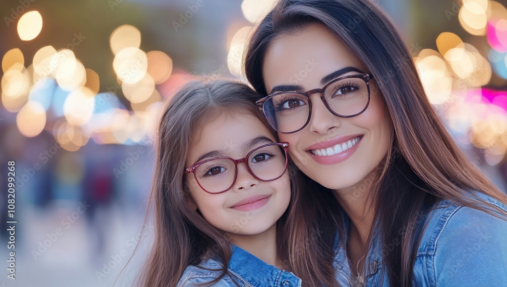 A smiling woman and girl wearing glasses pose together happily. A smiling woman and girl wearing glasses pose together happily.