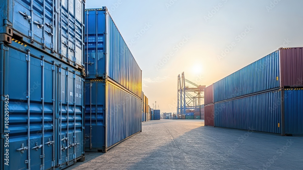 Obraz premium Containers Stacked Neatly in Morning Light at Busy Port