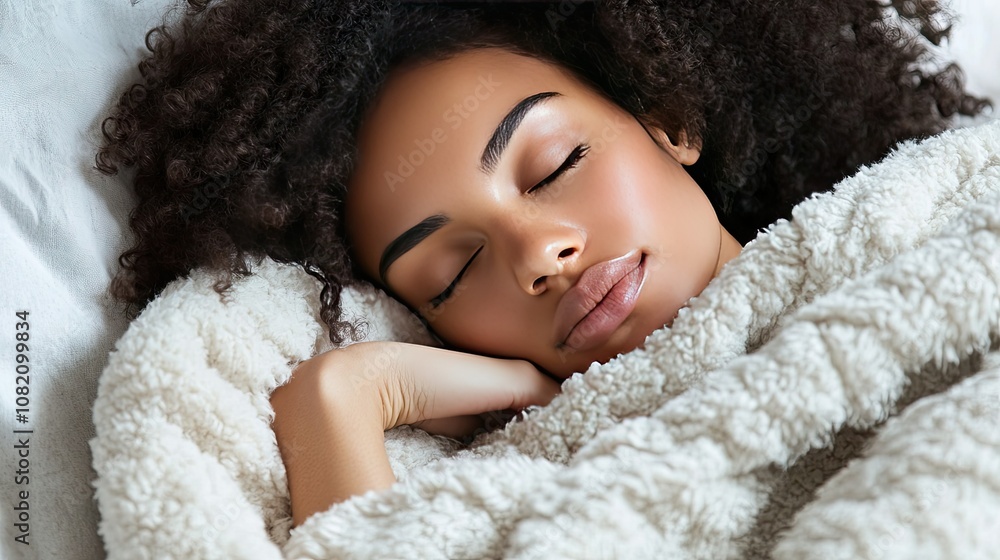 Woman in cozy pajamas sleeping in a bed, her face relaxed as she holds a warm, soft blanket close. Peaceful and cozy Woman in cozy pajamas sleeping in a bed, her face relaxed as she holds a warm, soft blanket close. Peaceful and cozy