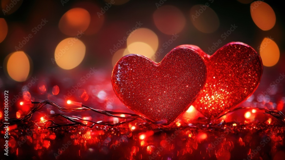 Romantic Sparkling Red Hearts Adorned with Twinkling Lights Creating a Warm Atmosphere for Love and Affection in a Dreamy Soft Focus Background Romantic Sparkling Red Hearts Adorned with Twinkling Lights Creating a Warm Atmosphere for Love and Affection in a Dreamy Soft Focus Background