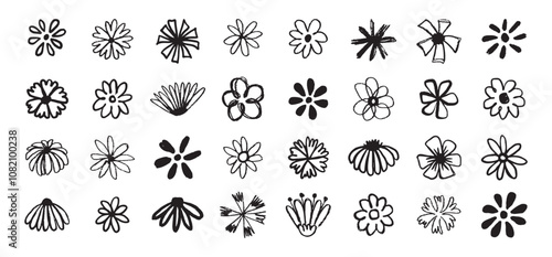 Flowers grunge brush doodle blossom icons set. Flowers Scribble ink hand drawn brush. Chamomile flowers markers crayons icons 