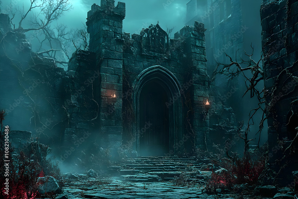 Illustration Dark Castle Ruins Night Fantasy Gate Illustration Dark Castle Ruins Night Fantasy Gate