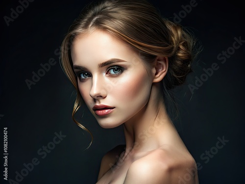 In this striking close-up, a slim young woman gently caresses her bare shoulder, contrasted by a deep black background, capturing the ideal of impeccable beauty.