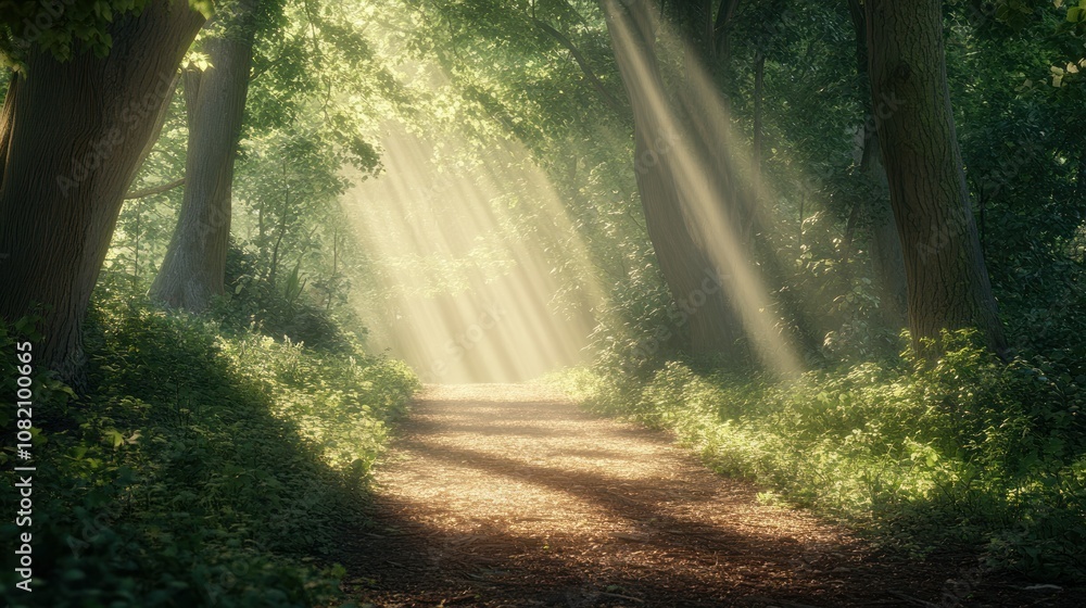 Obraz premium Sunbeams Illuminating a Path Through a Dense Forest