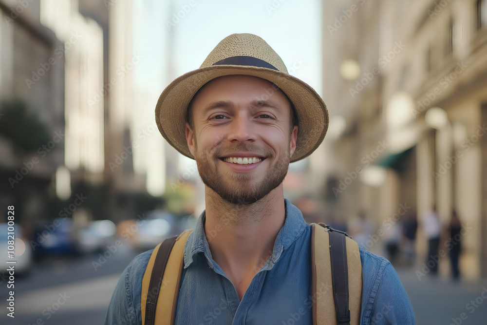 Close up portrait of a happy young man with straw hat traveling with backpack in the city. Close up portrait of a happy young man with straw hat traveling with backpack in the city.