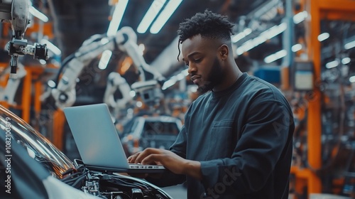 A young man works on a car in a factory, using a laptop to monitor the process.