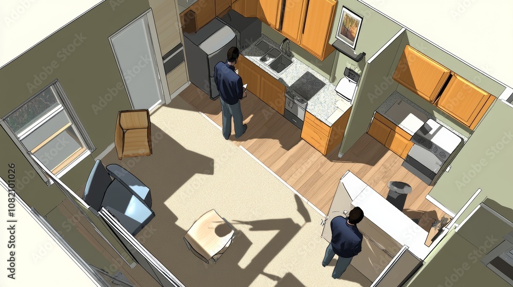 A 3D drawing showing the layout of a one-bedroom apartment with a kitchen, living room, and bathroom. A 3D drawing showing the layout of a one-bedroom apartment with a kitchen, living room, and bathroom.