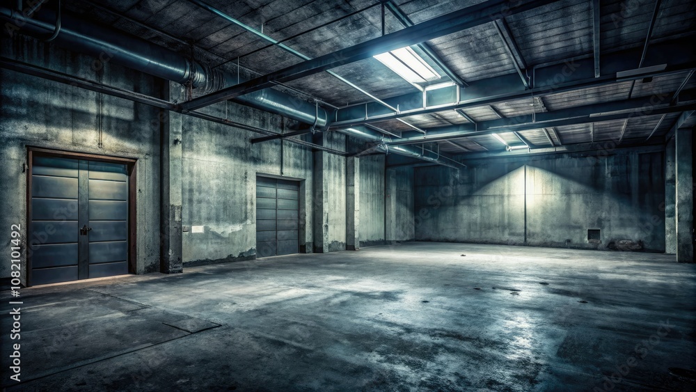 A haunting, low-lit concrete garage creates a chilling ambiance, filled with shadows and dread. This dark, grungy warehouse interior serves as a sinister horror backdrop. A haunting, low-lit concrete garage creates a chilling ambiance, filled with shadows and dread. This dark, grungy warehouse interior serves as a sinister horror backdrop.