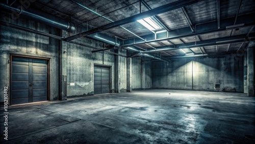 A haunting  low-lit concrete garage creates a chilling ambiance  filled with shadows and dread. This dark  grungy warehouse interior serves as a sinister horror backdrop.