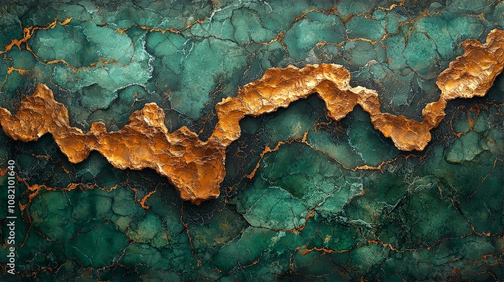 Abstract textured surface with green and gold tones, resembling natural stone or minerals. Abstract textured surface with green and gold tones, resembling natural stone or minerals.