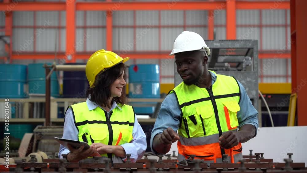 engineer manager or foreman woman meeting with African American worker inspector checking and discussion to working in industrial manufacturing factory. group of diversity engineer factory worker team engineer manager or foreman woman meeting with African American worker inspector checking and discussion to working in industrial manufacturing factory. group of diversity engineer factory worker team