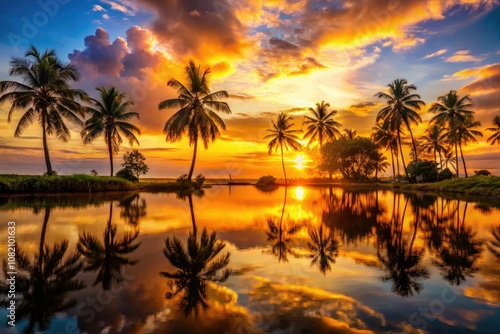 Mesmerizing silhouette of a tropical paradise at sunset  featuring golden reflections on the water        perfect for nature admirers and travel enthusiasts looking for beauty.