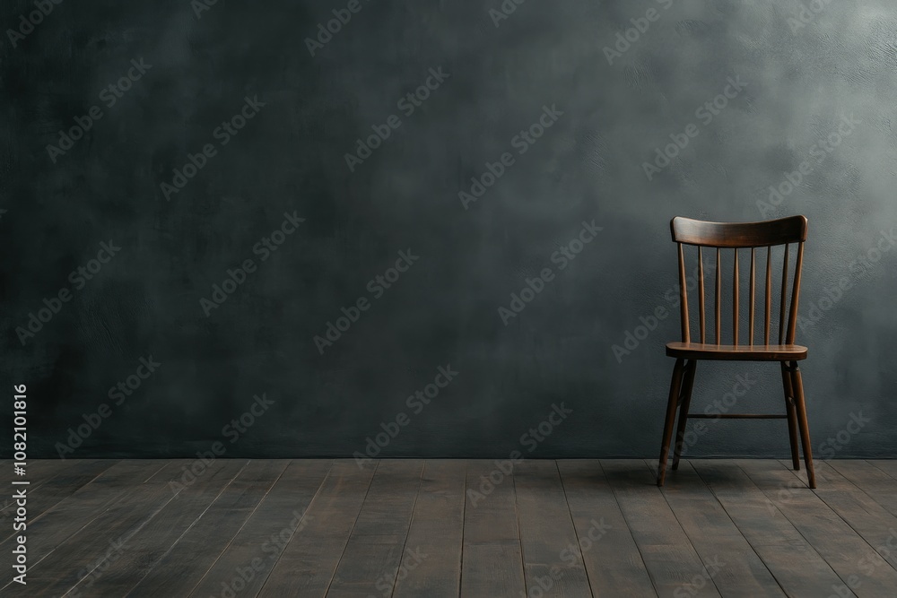 A solitary wooden chair against a dark, textured wall in a minimalist space A solitary wooden chair against a dark, textured wall in a minimalist space