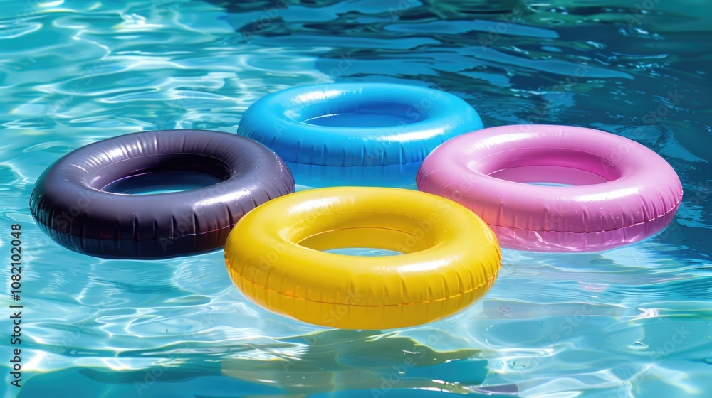 Three colorful inflatable swimming rings floating on the surface of a pool
