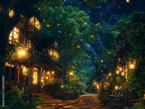 Illustration of Enchanting Village Night, Cozy Street, Warm Lights