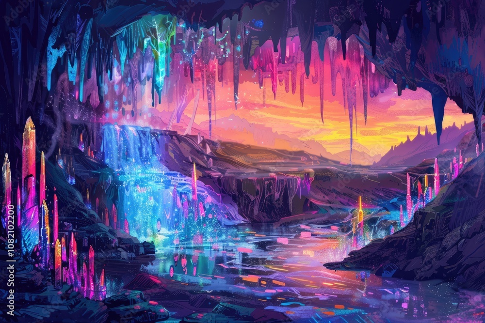 A Vibrant Fantasy Landscape with a Waterfall, Crystals, and an Orange Sky A Vibrant Fantasy Landscape with a Waterfall, Crystals, and an Orange Sky