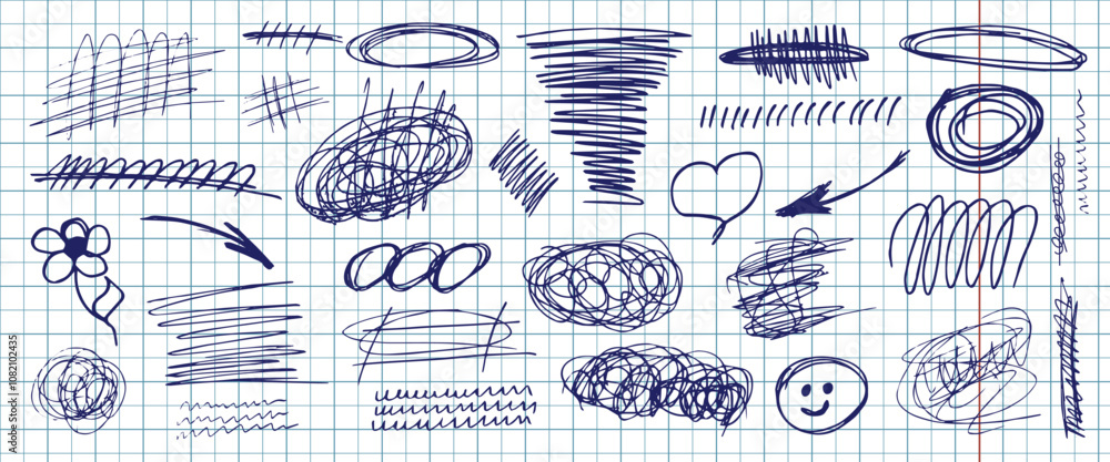 Obraz premium Set of hand drawn doodle templates. Random lines, circles, squares, strikethrough, flower, heart. Vector.