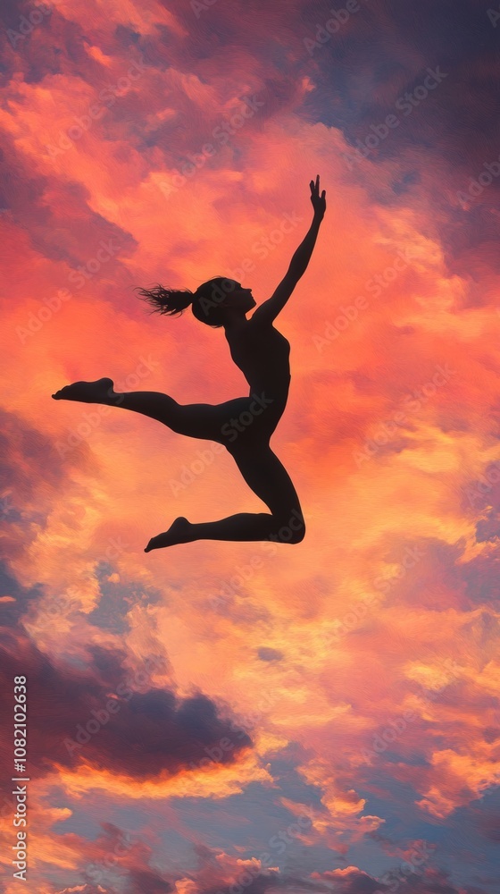 Silhouette of a dancer leaping against a vibrant sunset sky, AI Silhouette of a dancer leaping against a vibrant sunset sky, AI