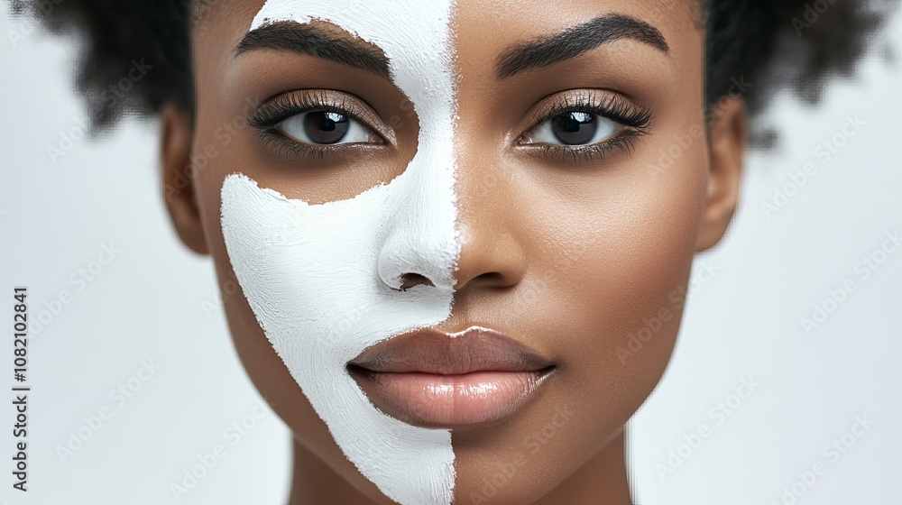 Top view of a Black woman with a white clay mask covering half her face Top view of a Black woman with a white clay mask covering half her face