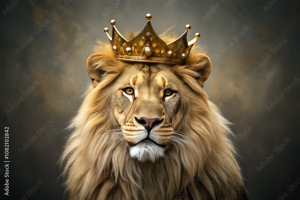 Regal lion adorned with a golden crown, capturing the essence of wildlife majesty. A minimalist portrait highlighting nature's elegance and strength within the animal kingdom. Regal lion adorned with a golden crown, capturing the essence of wildlife majesty. A minimalist portrait highlighting nature's elegance and strength within the animal kingdom.