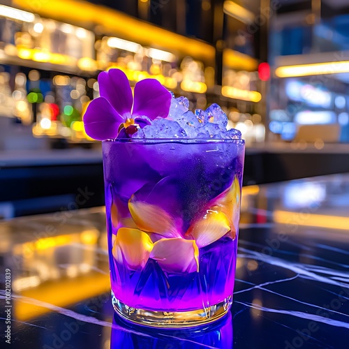 Purple Cocktail with Orchid Garnish in a Bar Setting. photo