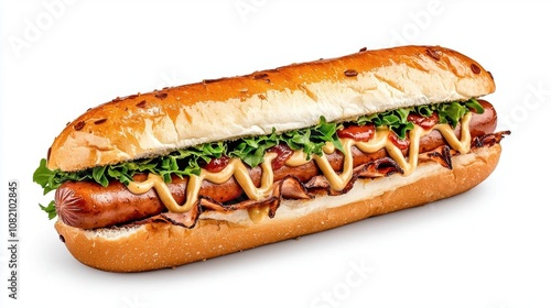 A photostock of a hotdog with mustard and ketchup in a bun on isolated on transparent PNG background, High Quality.