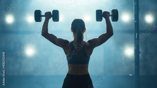 Strong Woman Lifts Dumbbells in Gym Setting, Emphasizing Strength Training and Fitness Lifestyle Under Bright Spotlight with Misty Background photo