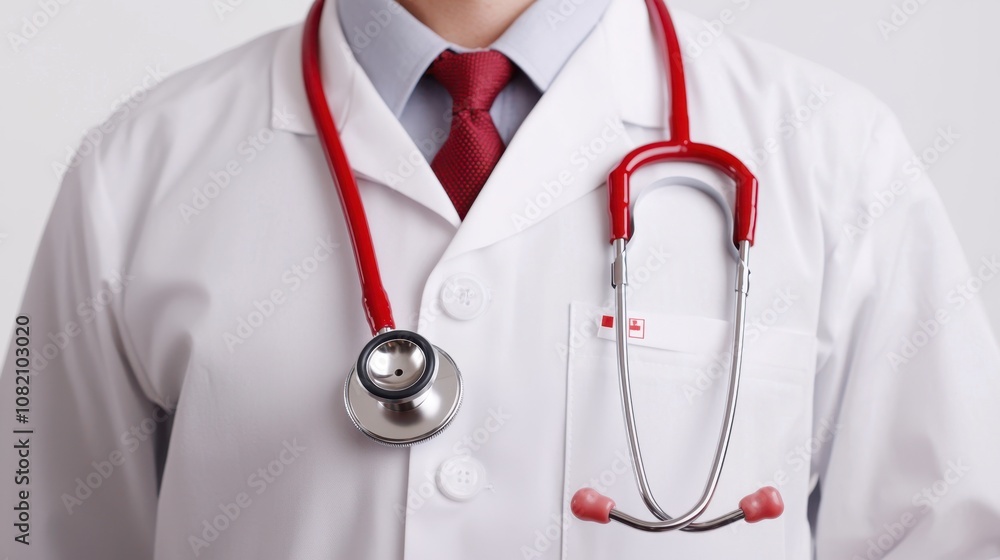 Affordable care act reform concept. A medical professional in a white coat and red tie, wearing a stethoscope, representing healthcare and professionalism. Affordable care act reform concept. A medical professional in a white coat and red tie, wearing a stethoscope, representing healthcare and professionalism.