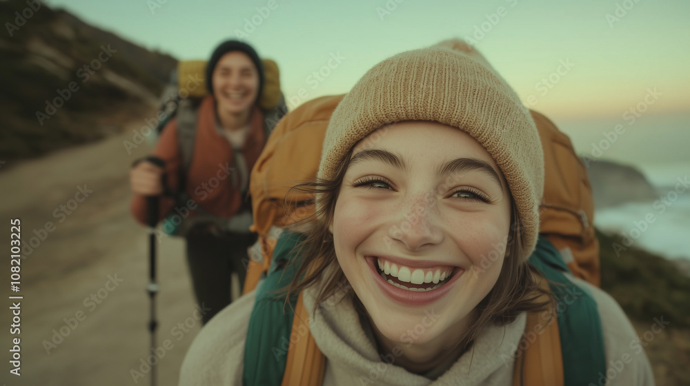 A hiking couple with backpacks smiling while hiking in the mountains A hiking couple with backpacks smiling while hiking in the mountains