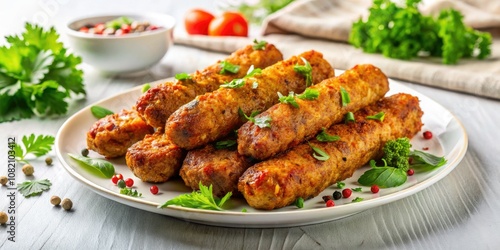 Savory fried kebabs artfully arranged on a spotless white plate, perfect for stunning food photography, culinary art displays, and showcasing exquisite gastronomy creations.