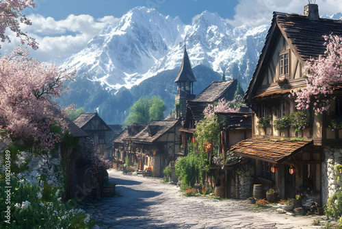 Illustration Idyllic Village Nestled in Snowy Mountains