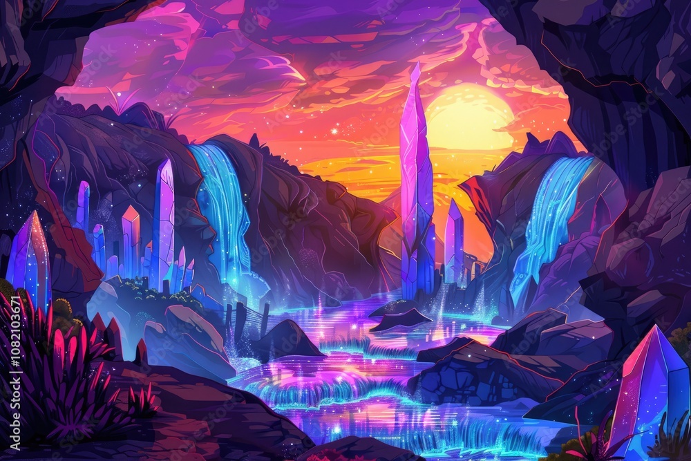Fantasy Landscape with Crystal Formations, Waterfalls, and a Sunset Fantasy Landscape with Crystal Formations, Waterfalls, and a Sunset