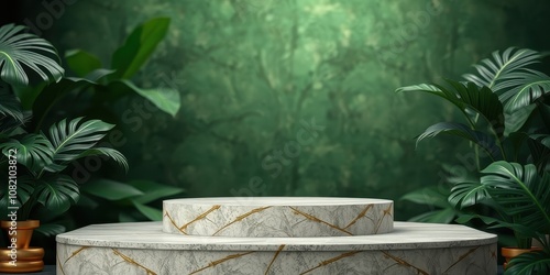 Luxurious Marble Podium With Tropical Leaves Set Against A Lush Green Backdrop