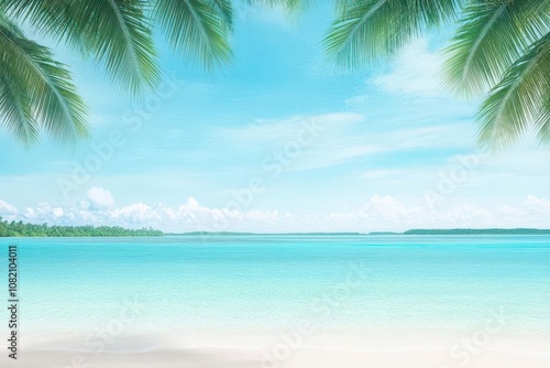 Crystalclear waters meeting soft sands, coconut trees framing a peaceful beach, painted in soft watercolor tones of turquoise and green