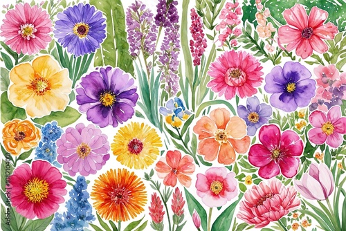 Vibrant Watercolor Floral Garden Collection Bright Spring Flower Assortment