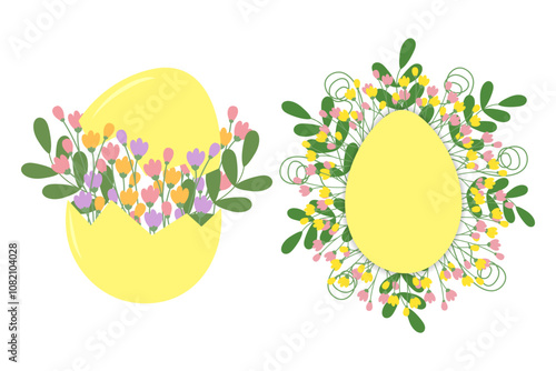 Cracked Egg shell and Egg shaped frame with multicolored blossom twigs and decorative leaves. Set 2