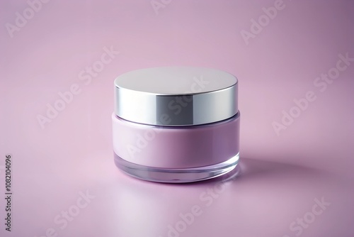 Minimalist purple cosmetic jar with a white lid, placed on a soft pastel pink background, showcasing a sleek and elegant skincare packaging design