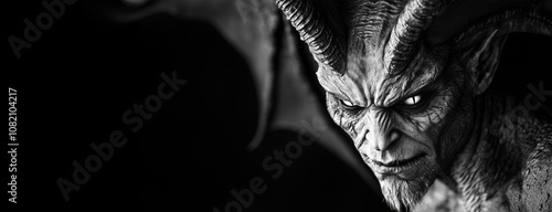 Black and White Portrait of Horned Demonic Figure in Studio Setting photo