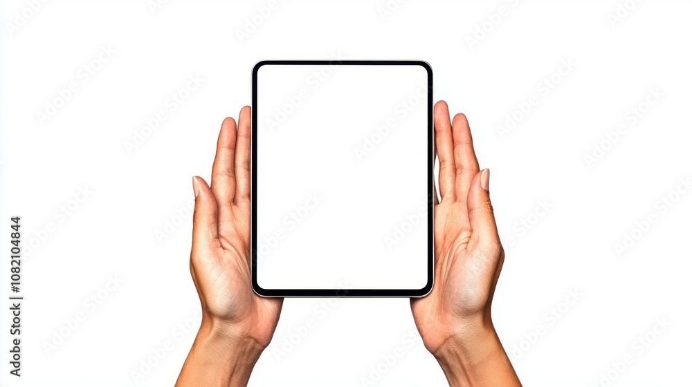 A photostock of a pair of hands holding a blank tablet with a white screen on isolated on transparent PNG background, High Quality. A photostock of a pair of hands holding a blank tablet with a white screen on isolated on transparent PNG background, High Quality.