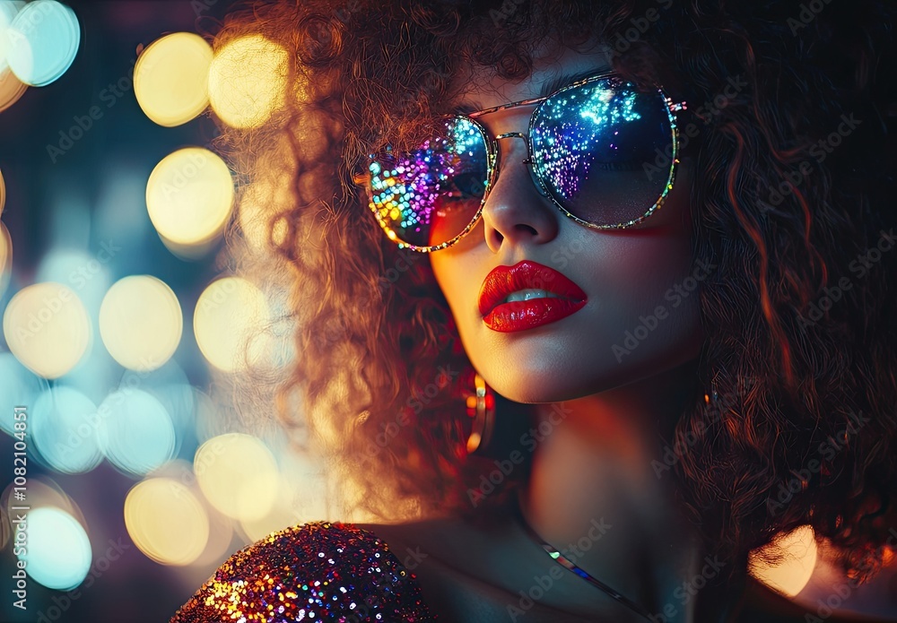 A fashion model in retro disco attire, with curly hair and colorful sunglasses, poses under the vibrant lights of an '80s club A fashion model in retro disco attire, with curly hair and colorful sunglasses, poses under the vibrant lights of an '80s club