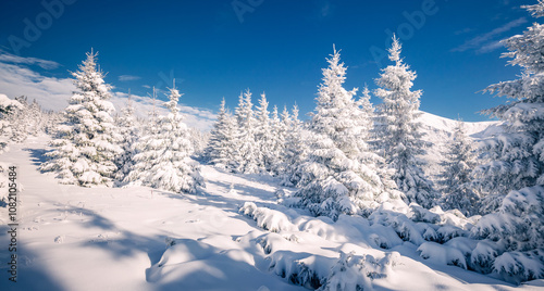 Stunning snow-capped conifers covered with hoarfrost on a frosty day. Carpathians, Ukraine, Europe.