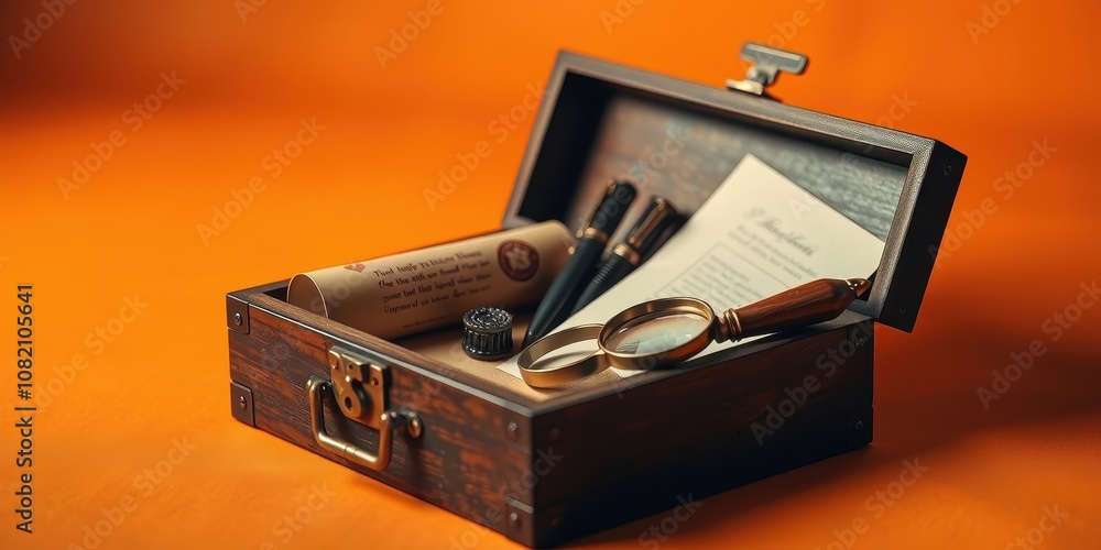 An Open Wooden Box Filled with Pens, a Rolled Up Document, a Magnifying Glass, and a Seal An Open Wooden Box Filled with Pens, a Rolled Up Document, a Magnifying Glass, and a Seal