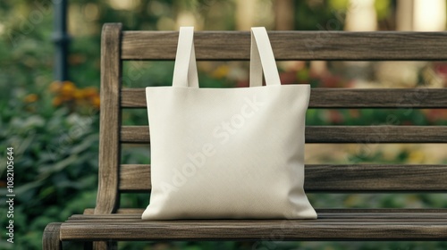 Simple tote bag placed on a wooden bench in a lovely park setting photo