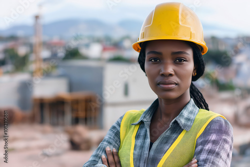 Construction worker black woman portrait at construction site for civil engineering,