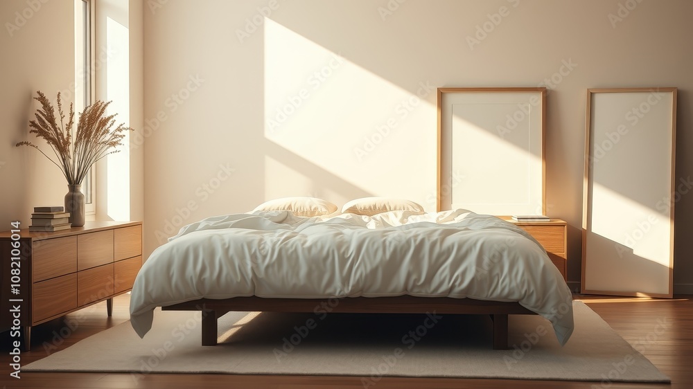 A minimalist bedroom design featuring a wooden bed frame and a plush white comforter, bathed in soft sunlight streaming through a window, with a side table and a vase of dried flowers A minimalist bedroom design featuring a wooden bed frame and a plush white comforter, bathed in soft sunlight streaming through a window, with a side table and a vase of dried flowers