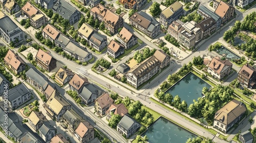 A bird's-eye view of a city, showing streets, buildings, parks, and a detailed map of a neighborhood.