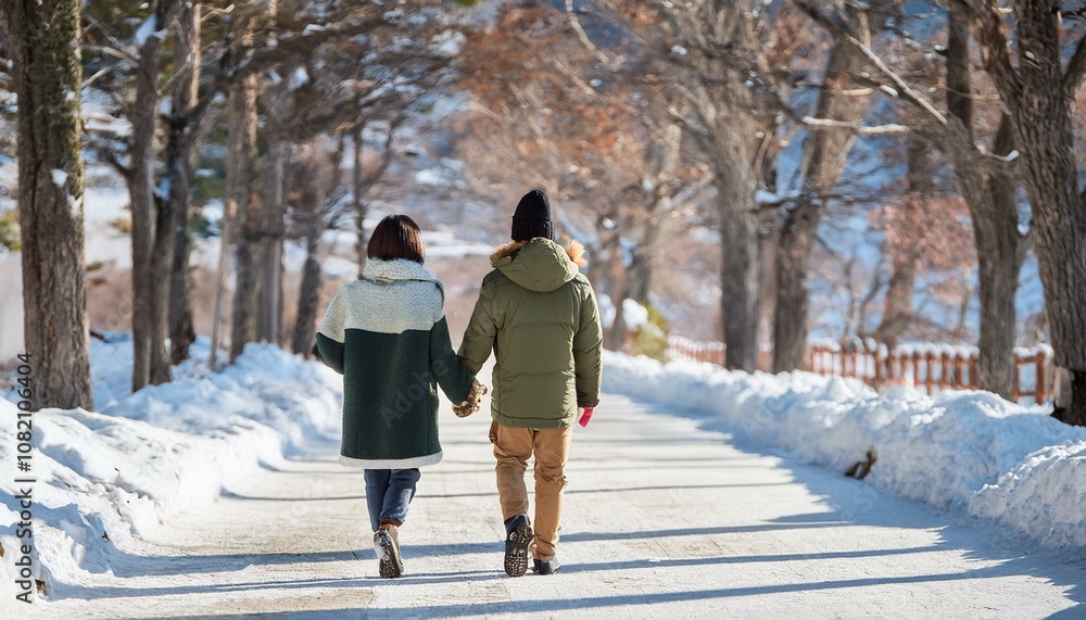 손을 잡고 눈이 내린 도시를 걷는 연인 손을 잡고 눈이 내린 도시를 걷는 연인