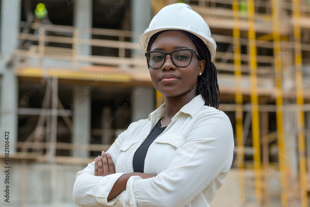 Construction worker black woman portrait at construction site for civil engineering, Construction worker black woman portrait at construction site for civil engineering,